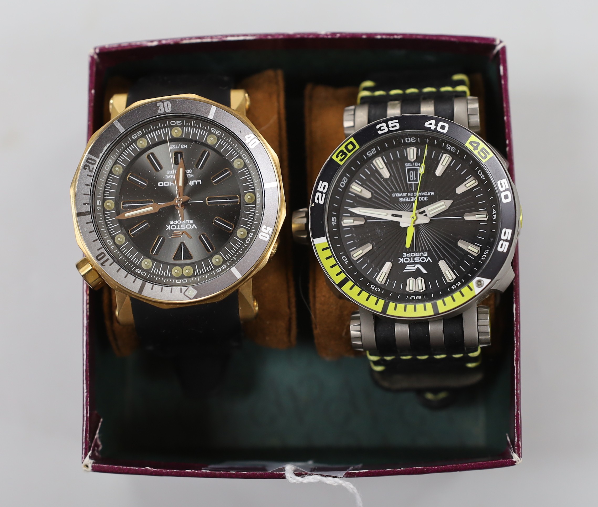 A gentleman's modern gilt steel Vostok Europe Lunokhod Helium valve automatic wrist watch and a titanium cased Vostok Europe Energia Rocket wrist watch.